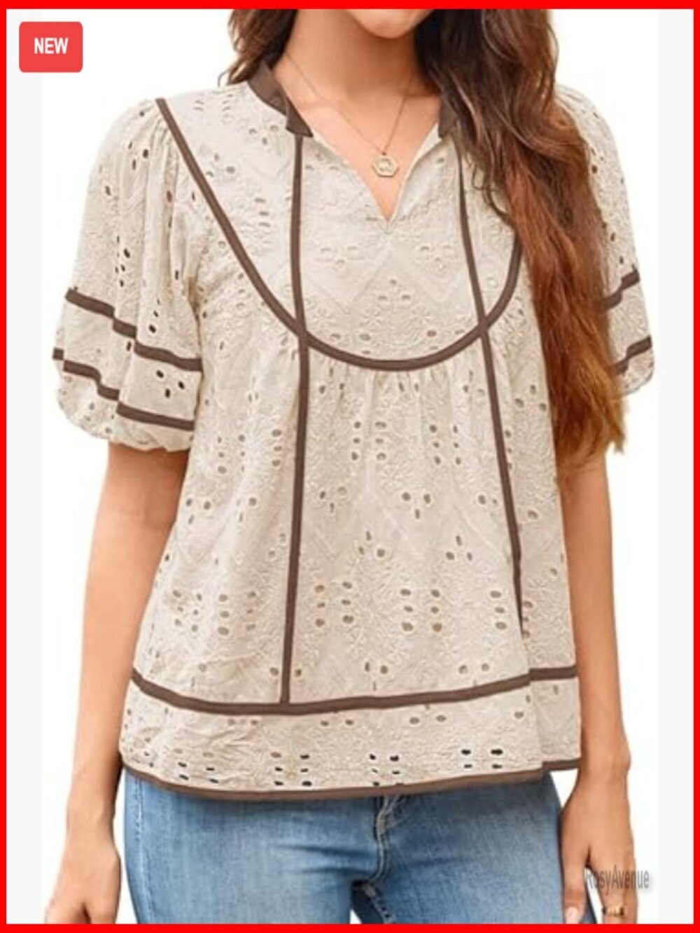 Women V Neck Puff Short Sleeve Summer Top Eyelet Embroidered Babydoll Blouse